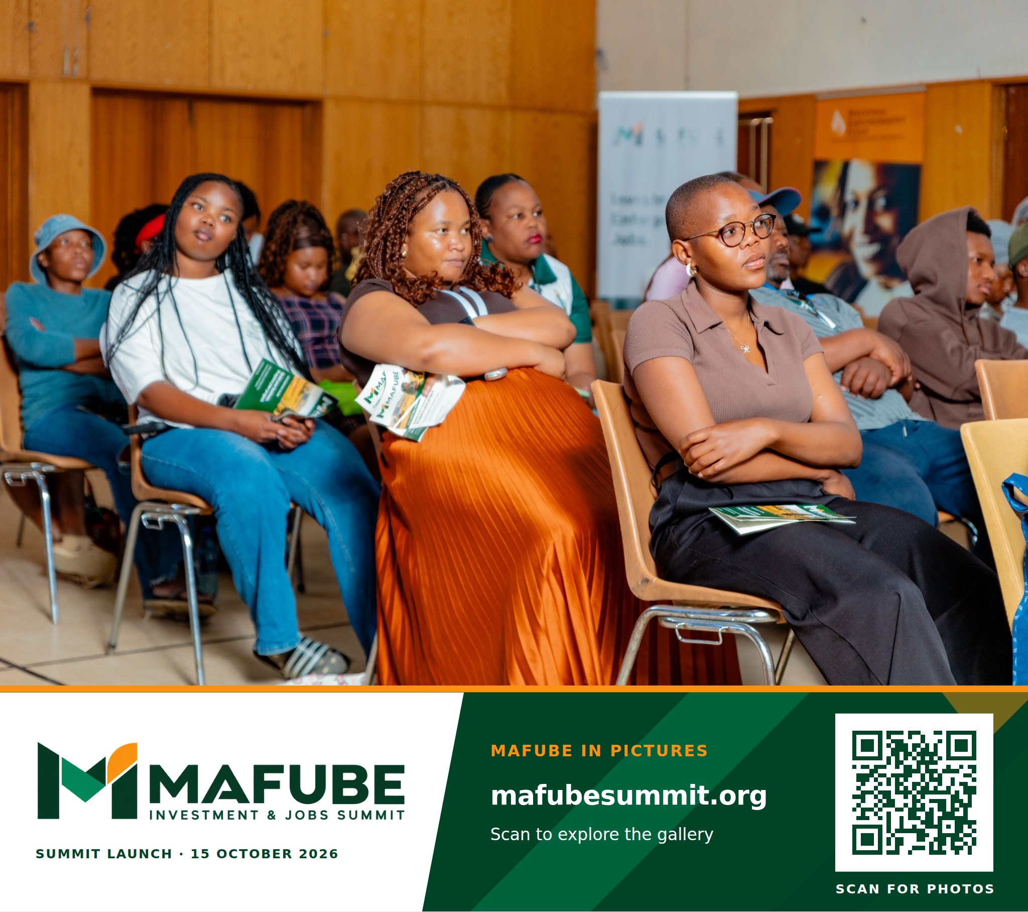Participants gathered in the hall during the launch, with the Mafube Investment & Jobs Summit photo footer