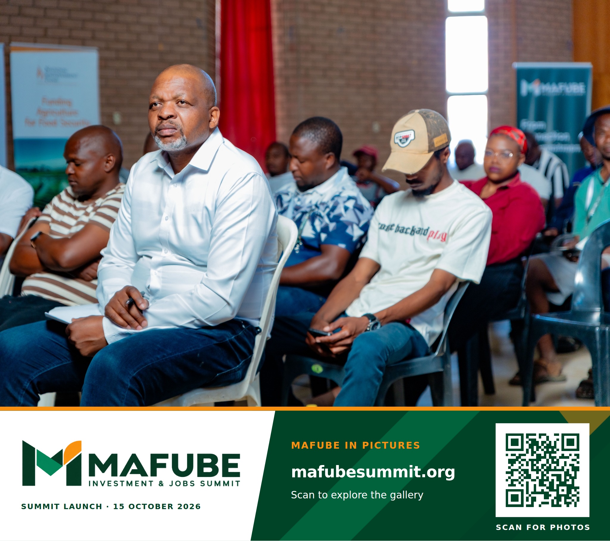 Participants gathered in the hall during the launch, with the Mafube Investment & Jobs Summit photo footer