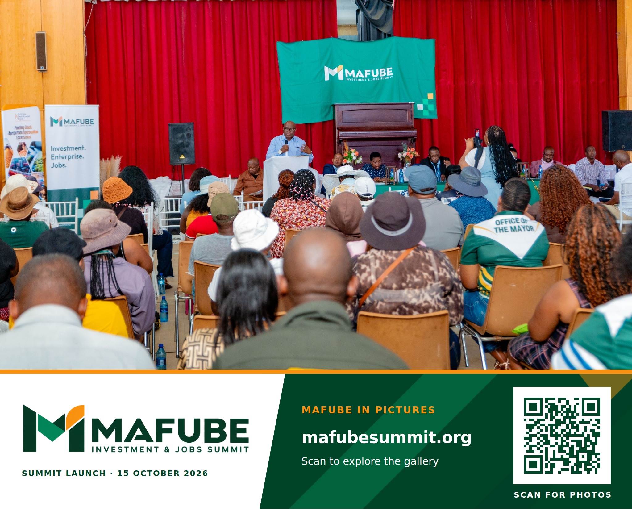 A full hall of participants faces the stage, where a speaker addresses the summit launch, with the Mafube Investment & Jobs Summit photo footer